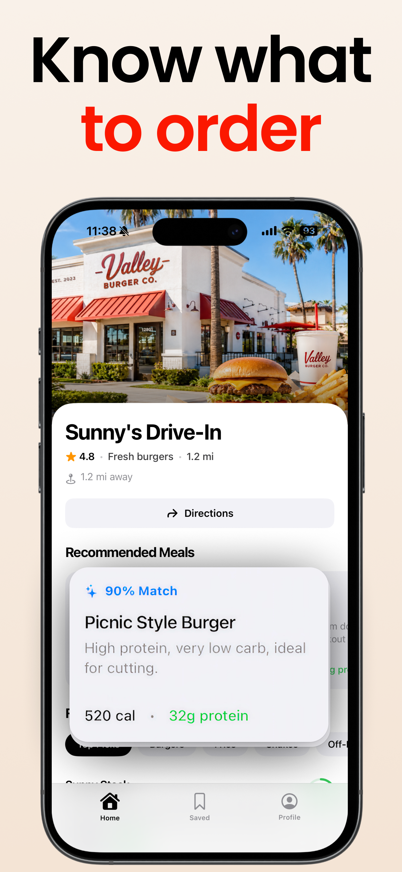 PlateMate app showing a restaurant menu with a 90% match recommended meal: high protein, low carb burger with 520 calories and 32g protein