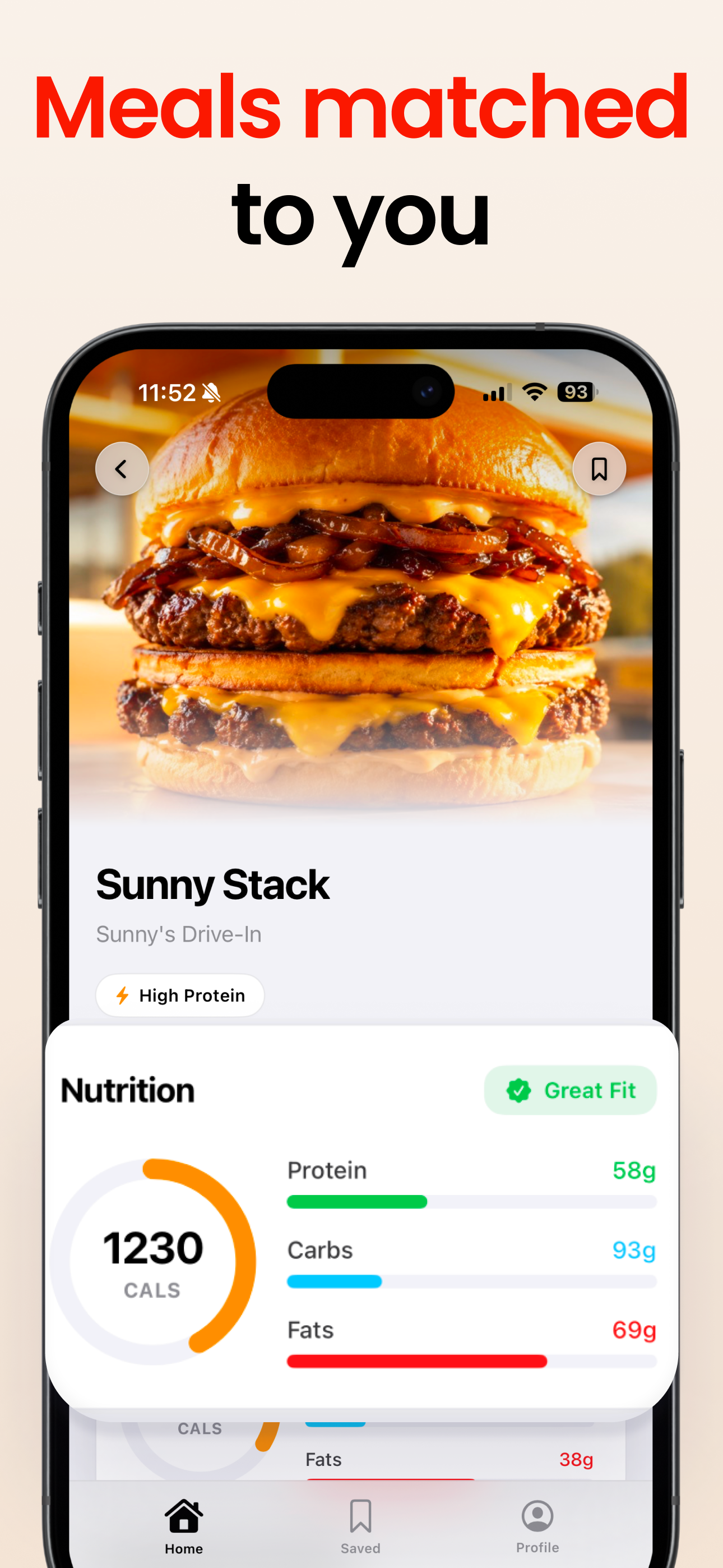 PlateMate nutrition panel for a restaurant burger showing 1,230 calories, 58g protein, 93g carbs and 69g fat with a Great Fit badge