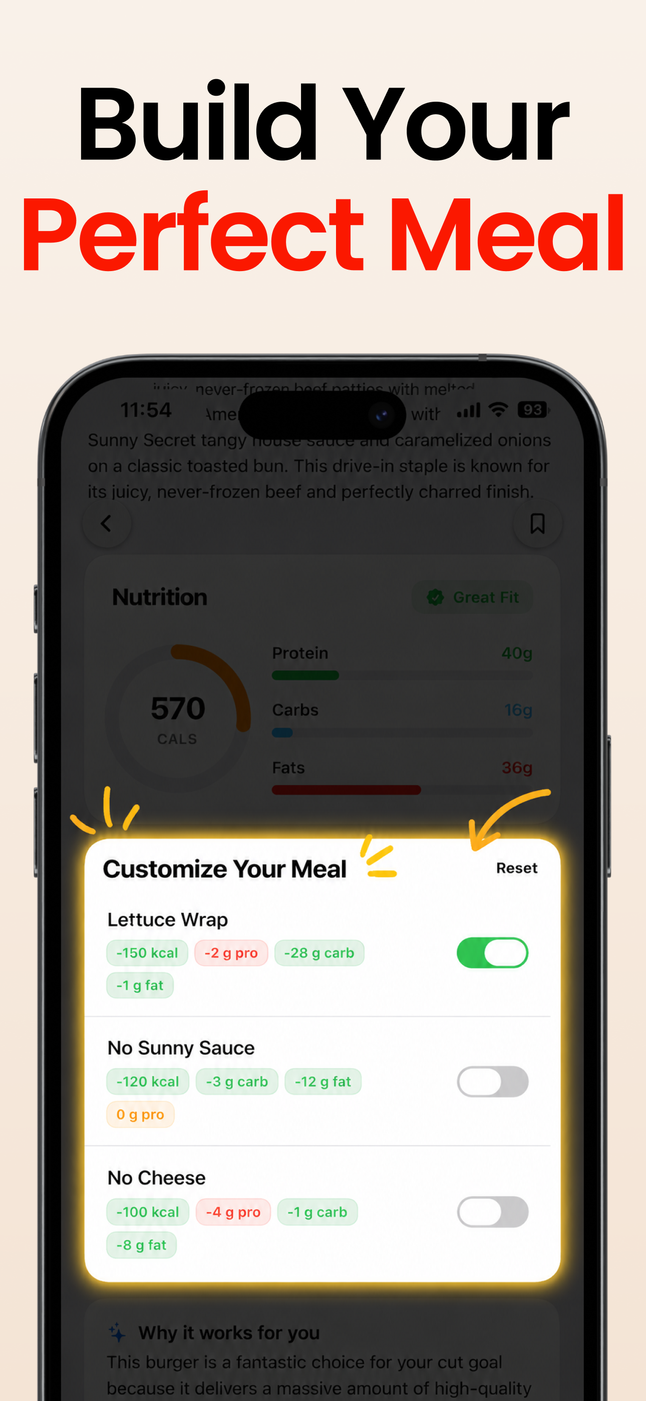 PlateMate Meal Builder customizing a meal with lettuce wrap and no cheese toggles, macros updating live